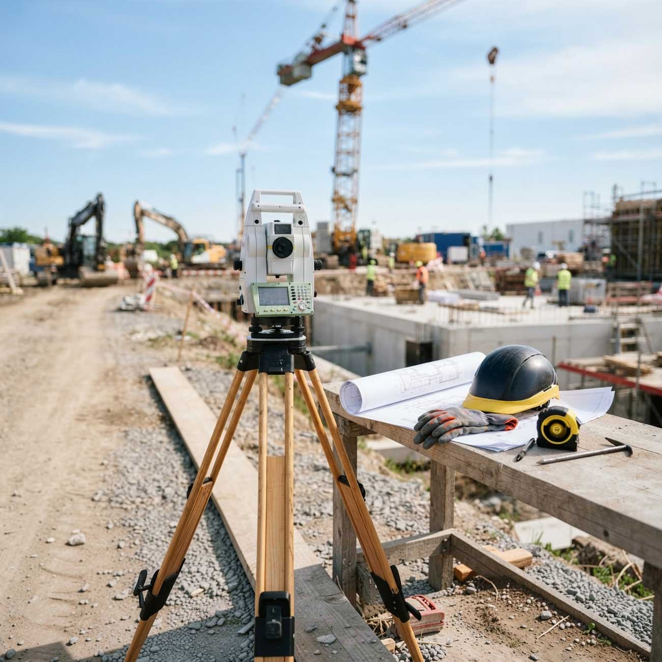 Baustelle mit Geräten und einem Holztisch mit Bauarbeiterhelm.