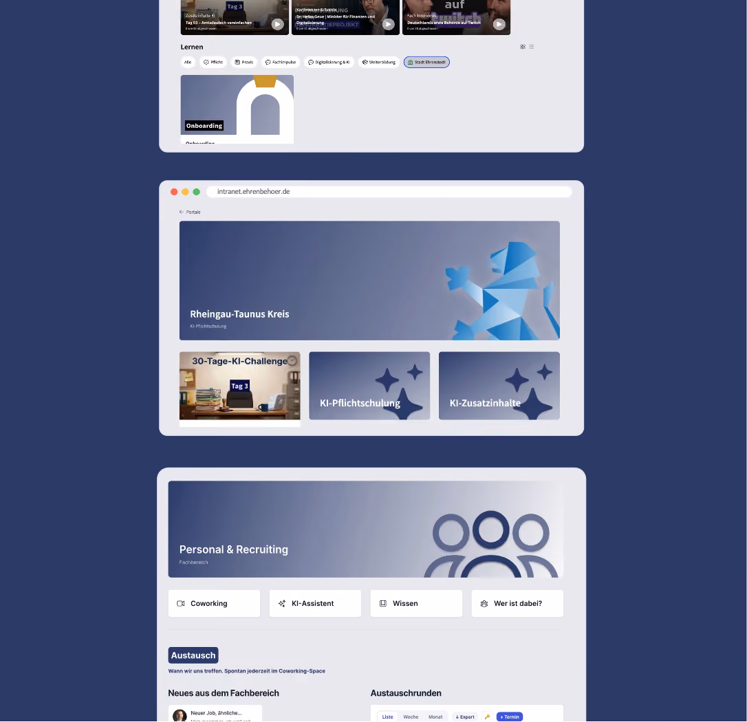 Intranet-Seite mit Bereichen Rheingau-Taunus Kreis KI-Pflichtschulung und Personal & Recruiting.