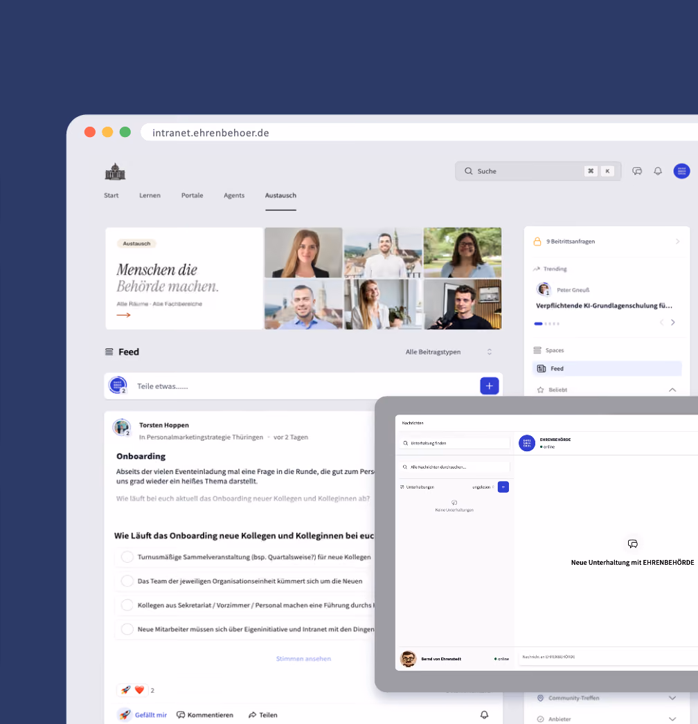 Intranet-Benutzeroberfläche mit Mitarbeiterfotos, Beitragsfeed, Umfrage und Chatfenster der EHRENBEHÖRDE.