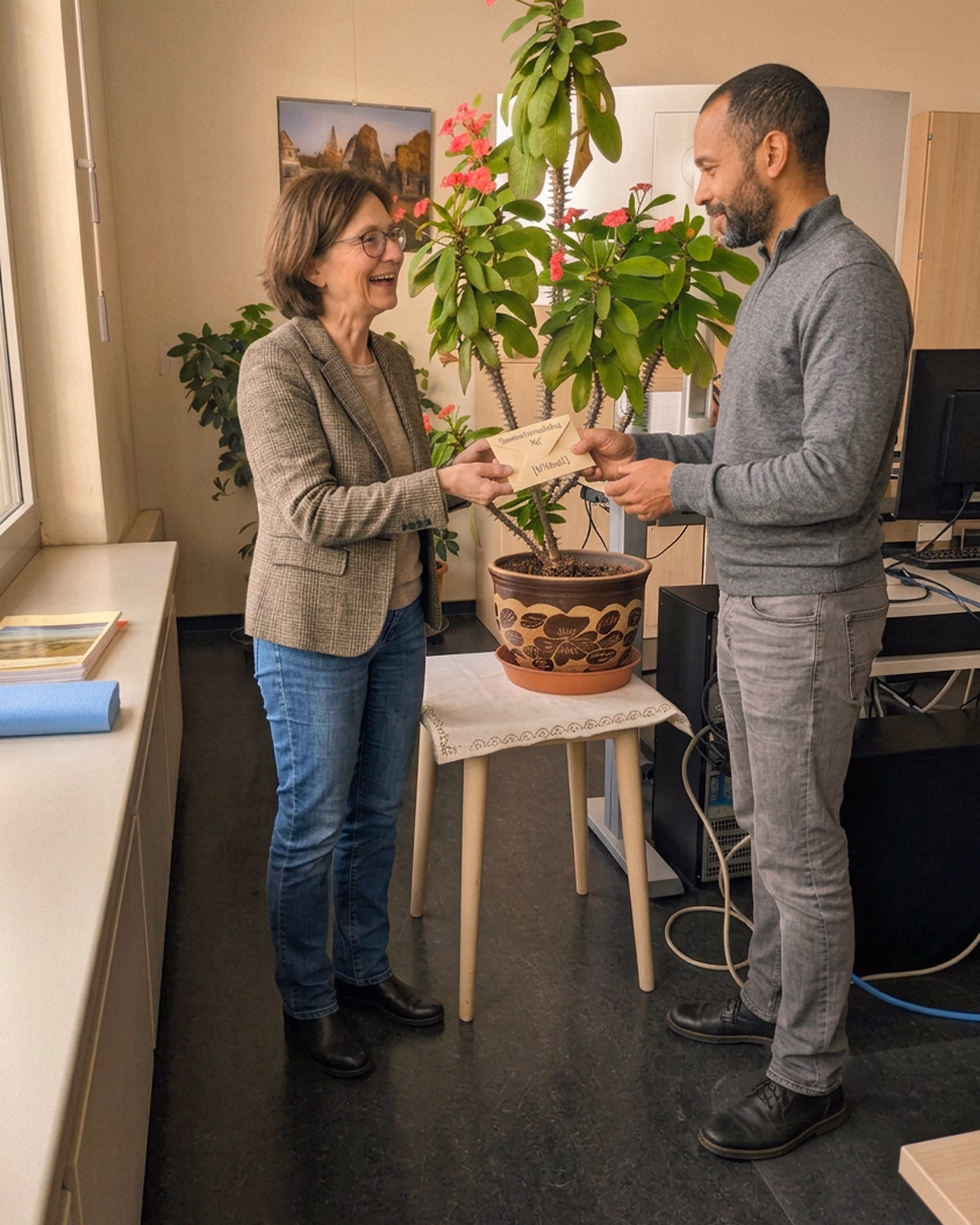 Behördenmenschen überreicht Sammelumschlag vor blühender Pflanze in modernem Behördenbüro.
Bildbearbeitung: KI-gestützt.
