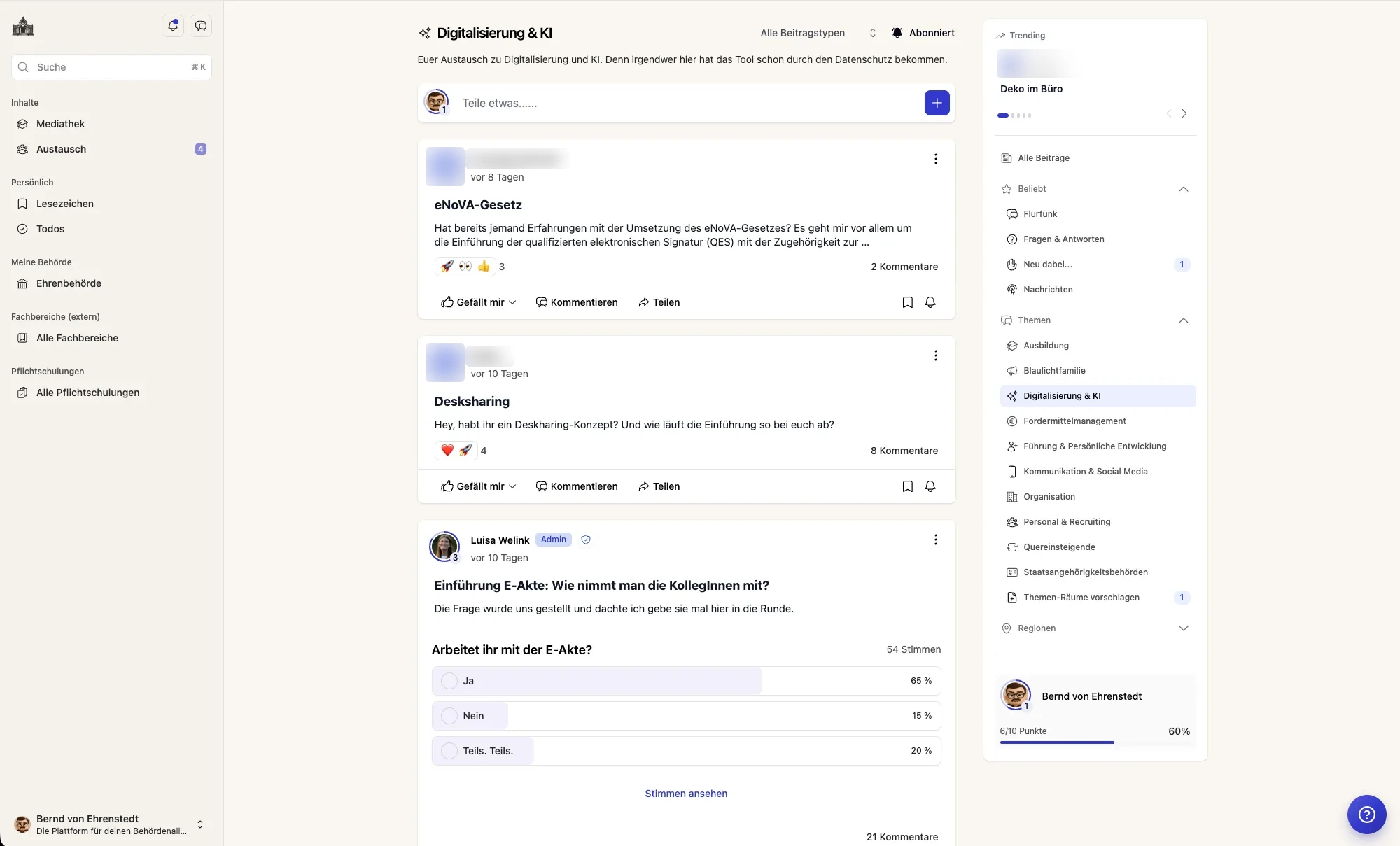 Beitrag im Kanal „Digitalisierung & KI“: Eine Kollegin fragt nach Erfahrungen mit dem eNoVA-Gesetz, darunter Reaktionen und Kommentare.