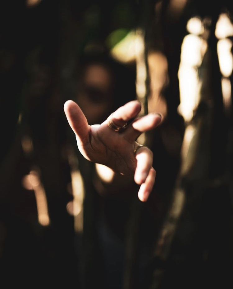 Close-up of an outstretched hand with rings reaching forward in low light among blurred tree branches.