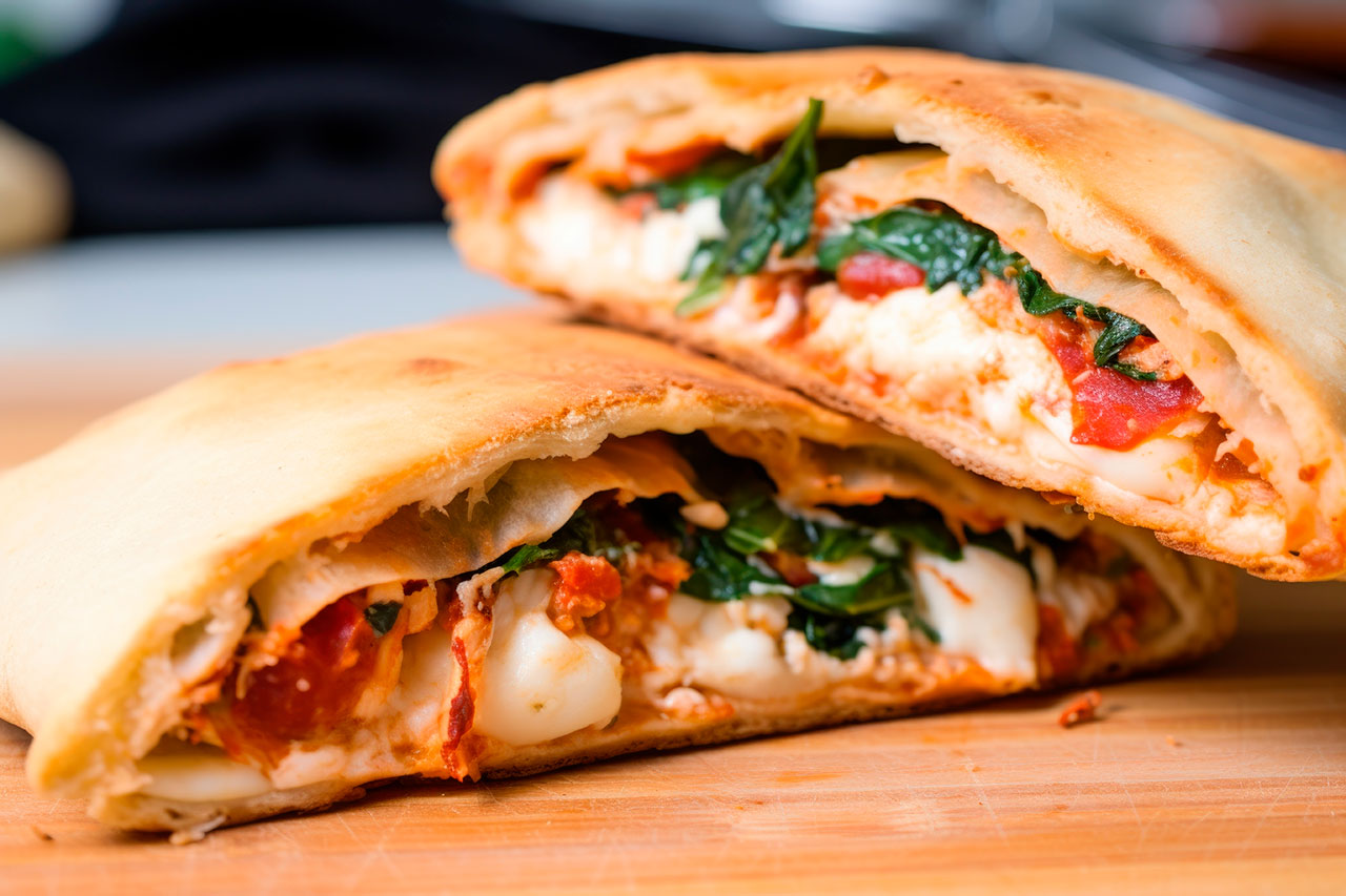 Calzone cut in half showing melted cheese, spinach, tomato sauce, and pepperoni inside.