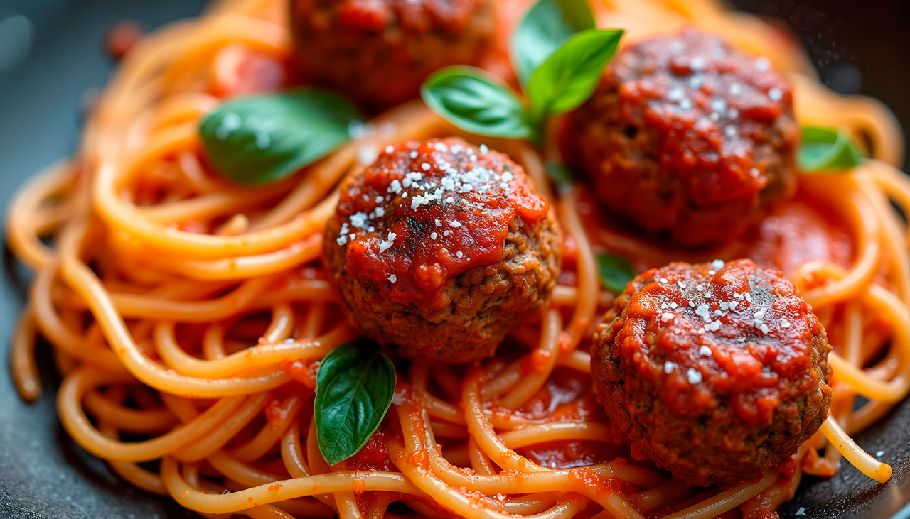 Spaghetti with meatballs topped with tomato sauce and fresh basil leaves.
