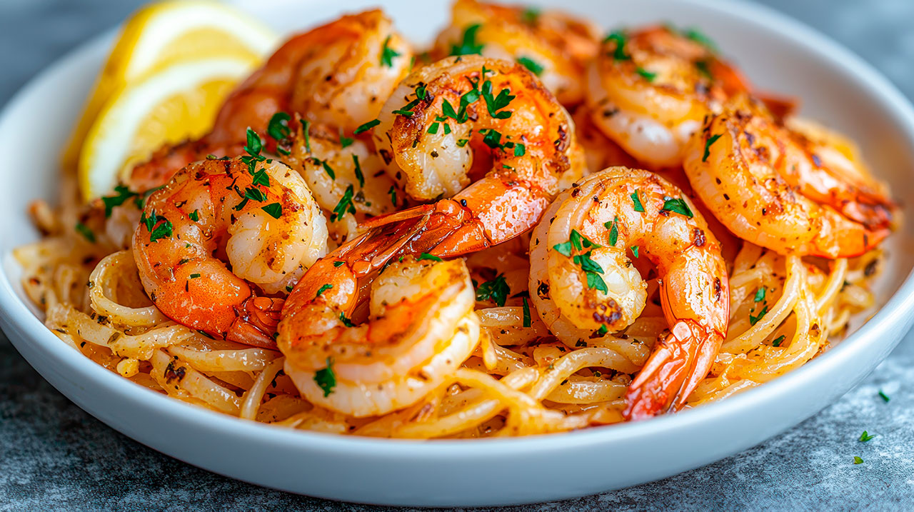 Plate of shrimp pasta garnished with chopped parsley and lemon wedges on the side.