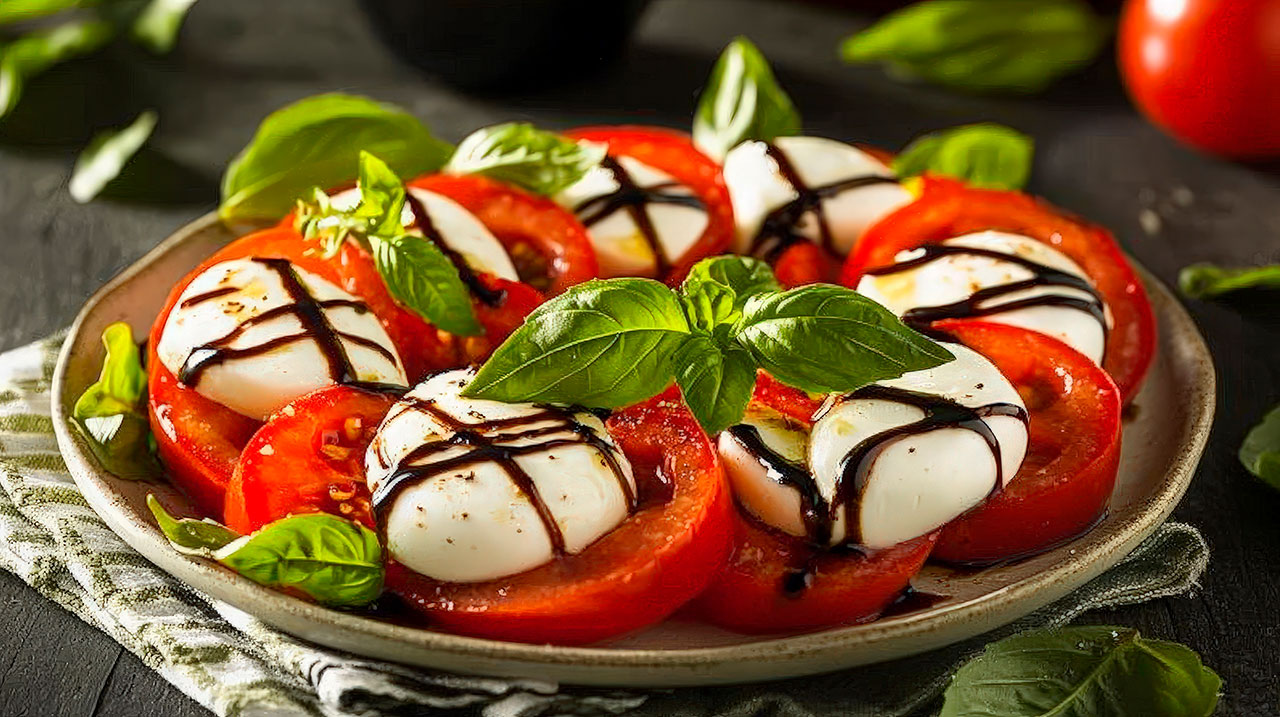 Caprese salad with tomato slices, fresh mozzarella, basil leaves, and balsamic glaze on a plate.