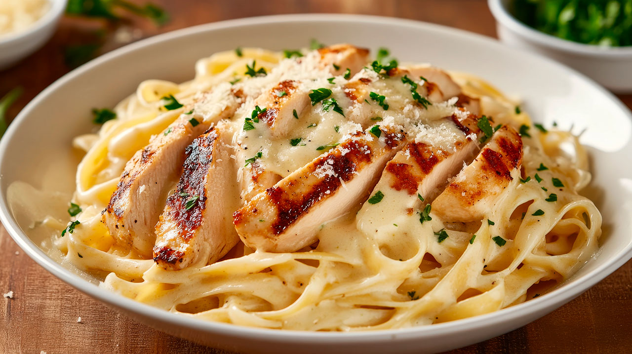 Grilled chicken slices on fettuccine pasta with creamy Alfredo sauce garnished with parsley and grated cheese in a white bowl.