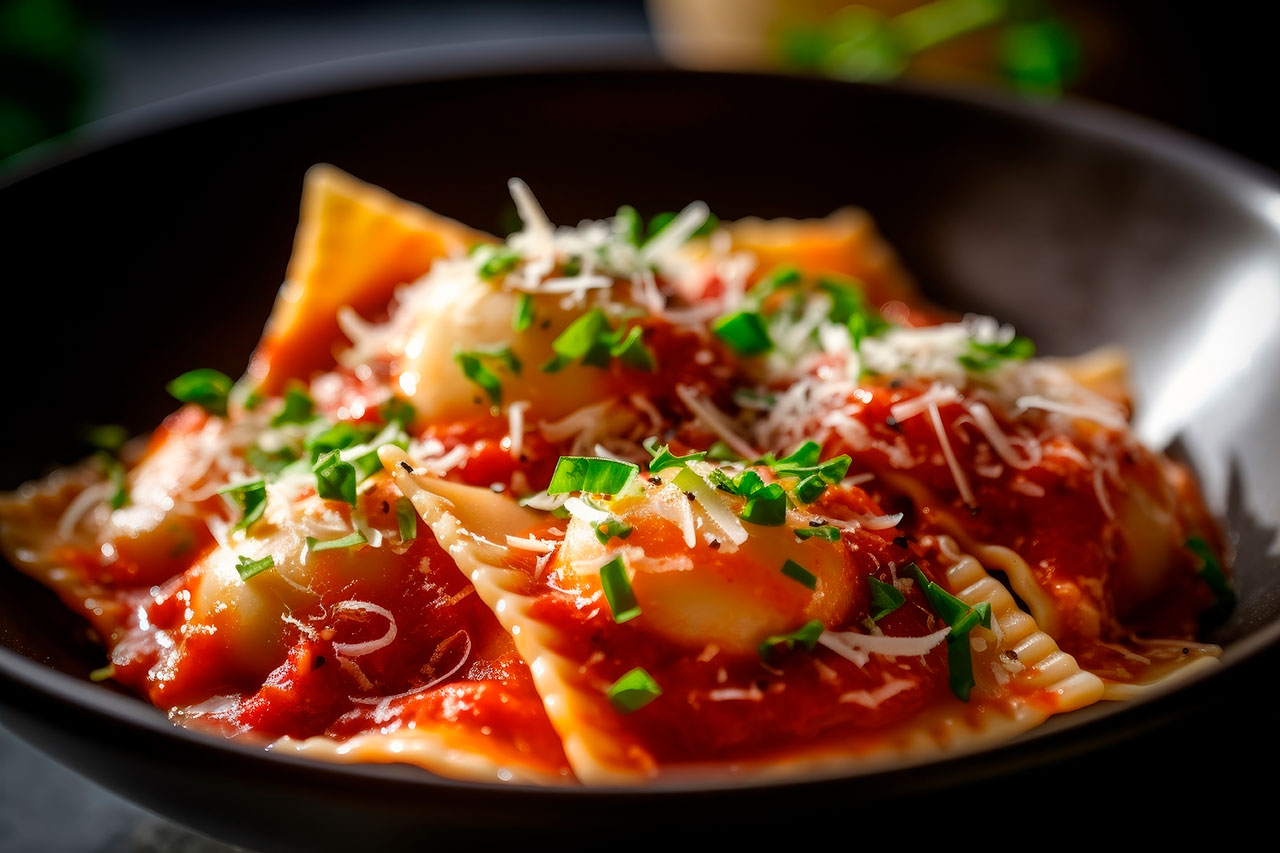 Plate of ravioli pasta topped with tomato sauce, grated cheese, and chopped green herbs.