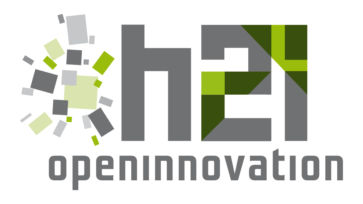 Logo mit dem Text h21 open innovation in grauen und grünen Rechtecksformen.