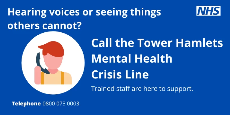NHS mental health crisis line notice advising to call Tower Hamlets Mental Health Crisis Line for support, featuring a person talking on a phone.