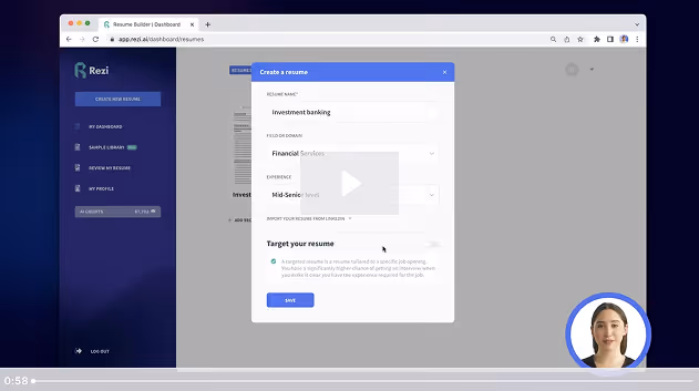 Video thumbnail of Rezi's create-a-resume dialog with the option to target a resume to a specific job.
