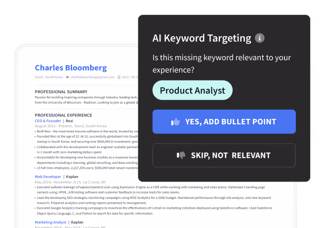 Screen showing AI keyword targeting prompt asking if 'Product Analyst' keyword is relevant with options to add or skip.