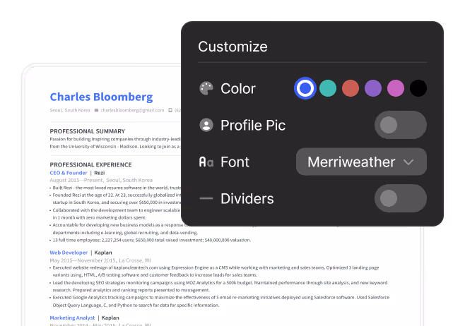Resume customization panel with options for color, profile pic, font Merriweather, and dividers toggles.