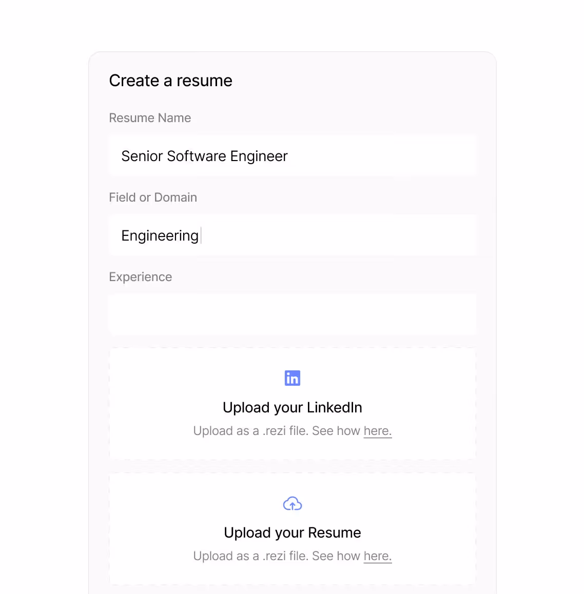 Rezi resume upload step to start building or improving a resume.