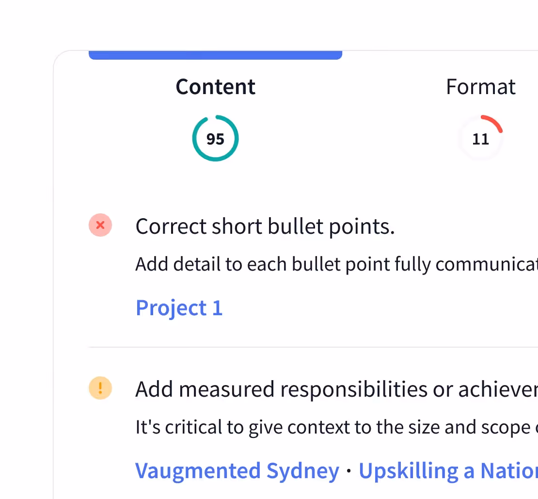 Content score 95 with feedback to correct short bullet points and add measured responsibilities or achievements.