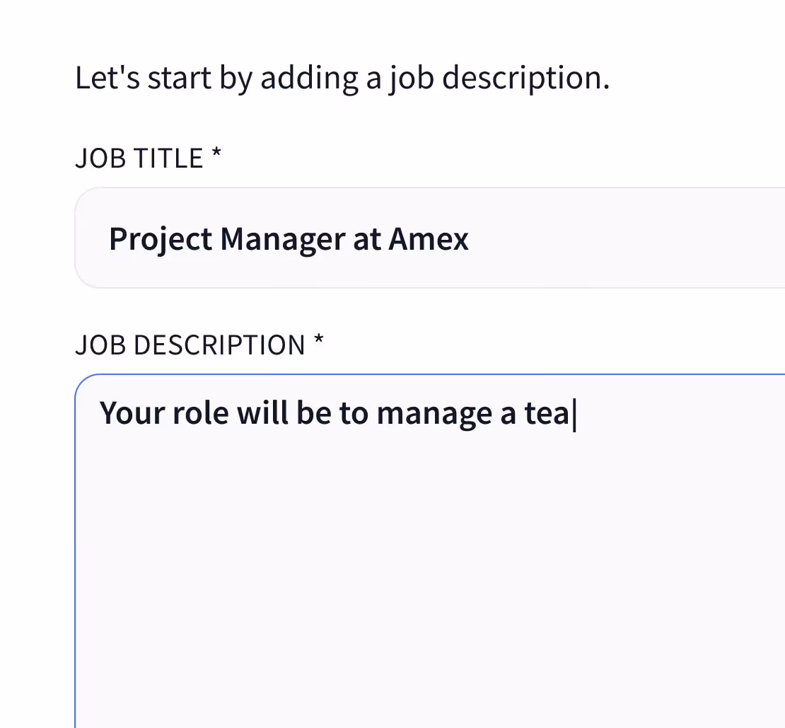 Form with job title Project Manager at Amex and a job description input starting with managing a team.