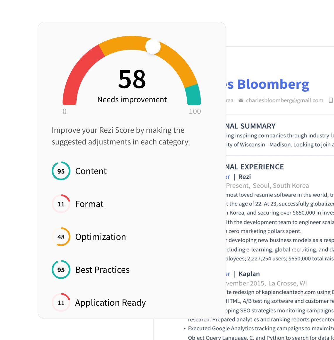 Rezi resume score improving as the resume is completed.