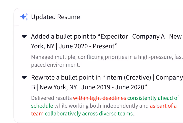 Rezi AI agent generating resume bullet points.