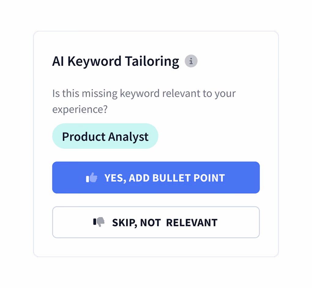 Rezi AI keyword targeting confirming a keyword has been added to the resume.