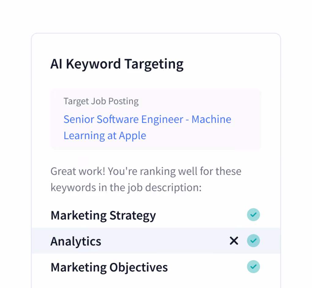 Rezi AI keyword targeting suggesting a job-specific keyword to add to the resume.