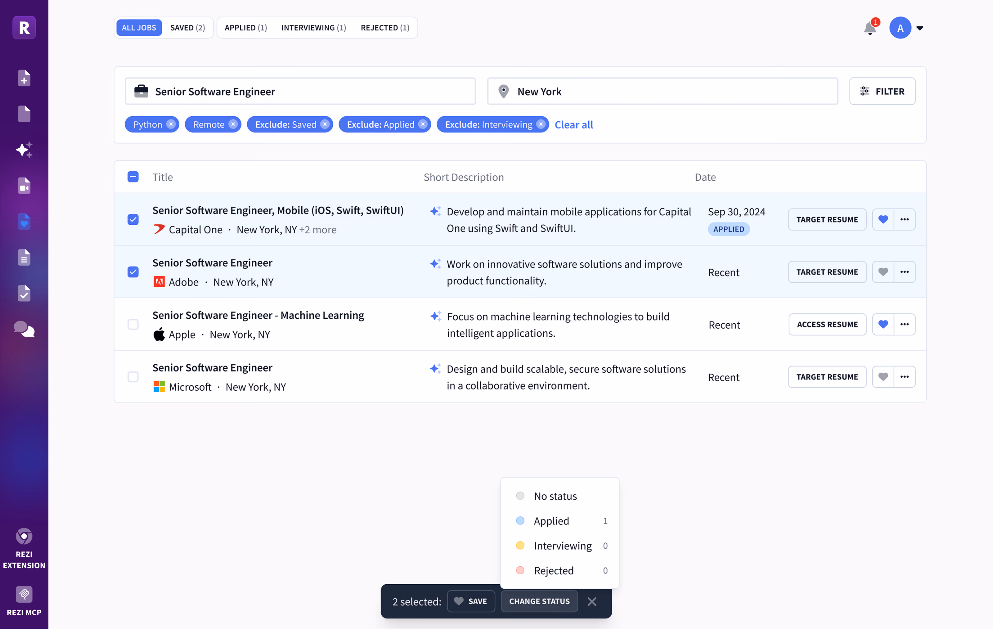 Rezi job search board showing job listings with application status tags.