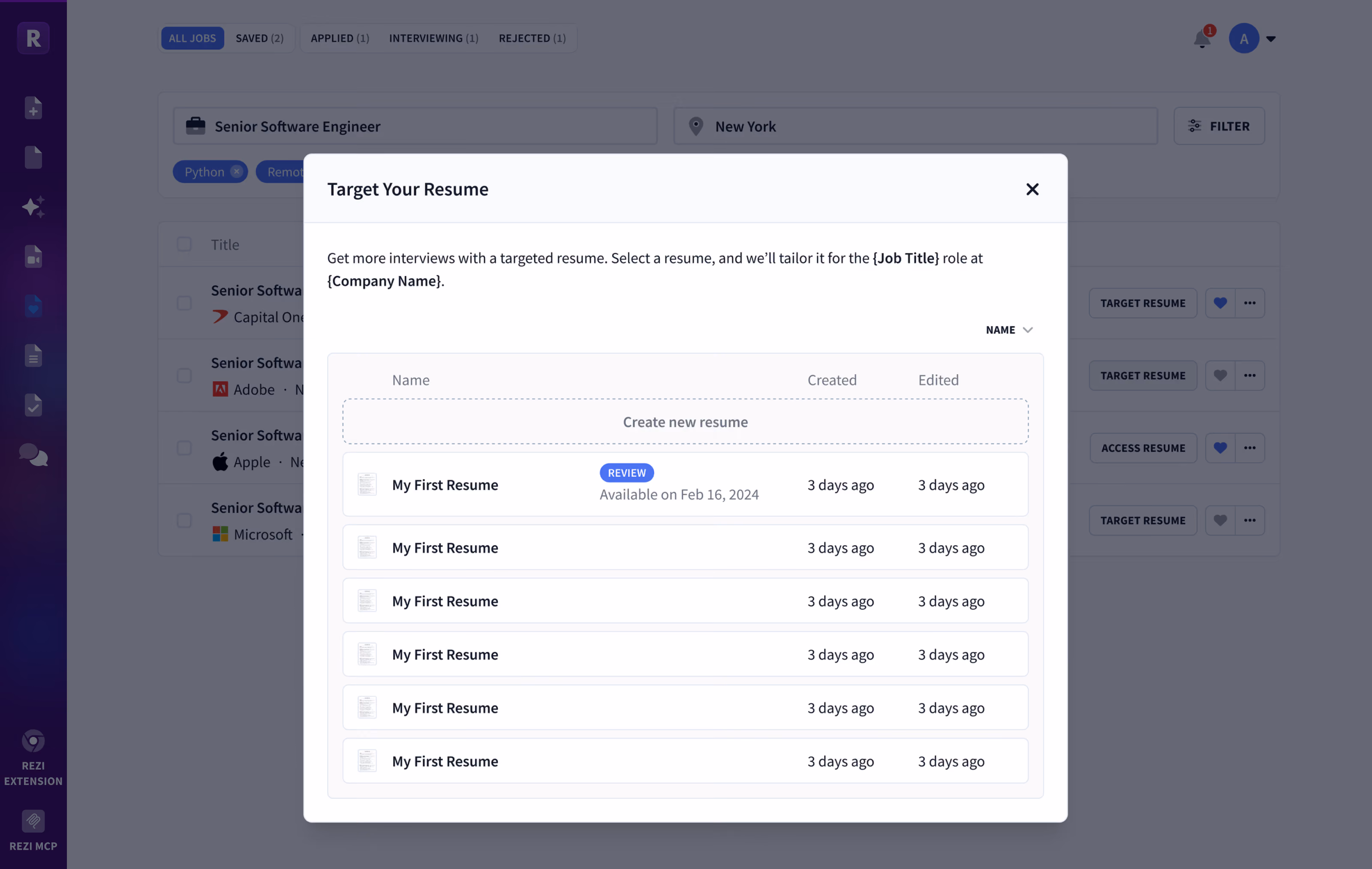 Rezi job search board showing job listings with application status tags.