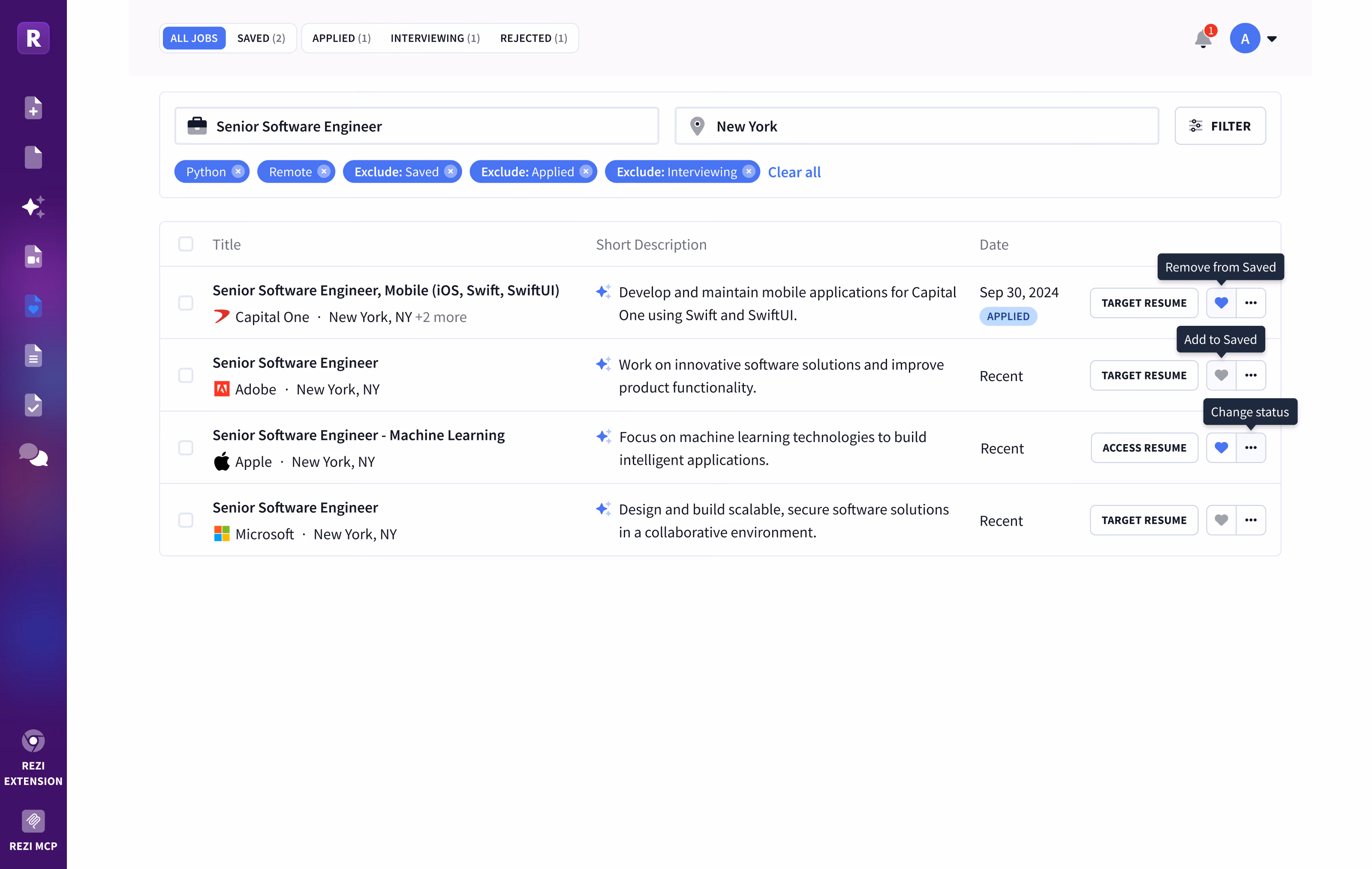 Rezi job search board showing job listings with application status tags.