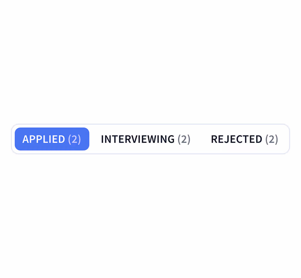 Rezi job tracker tabs grouping applications by Applied, Interviewing, and Rejected status.