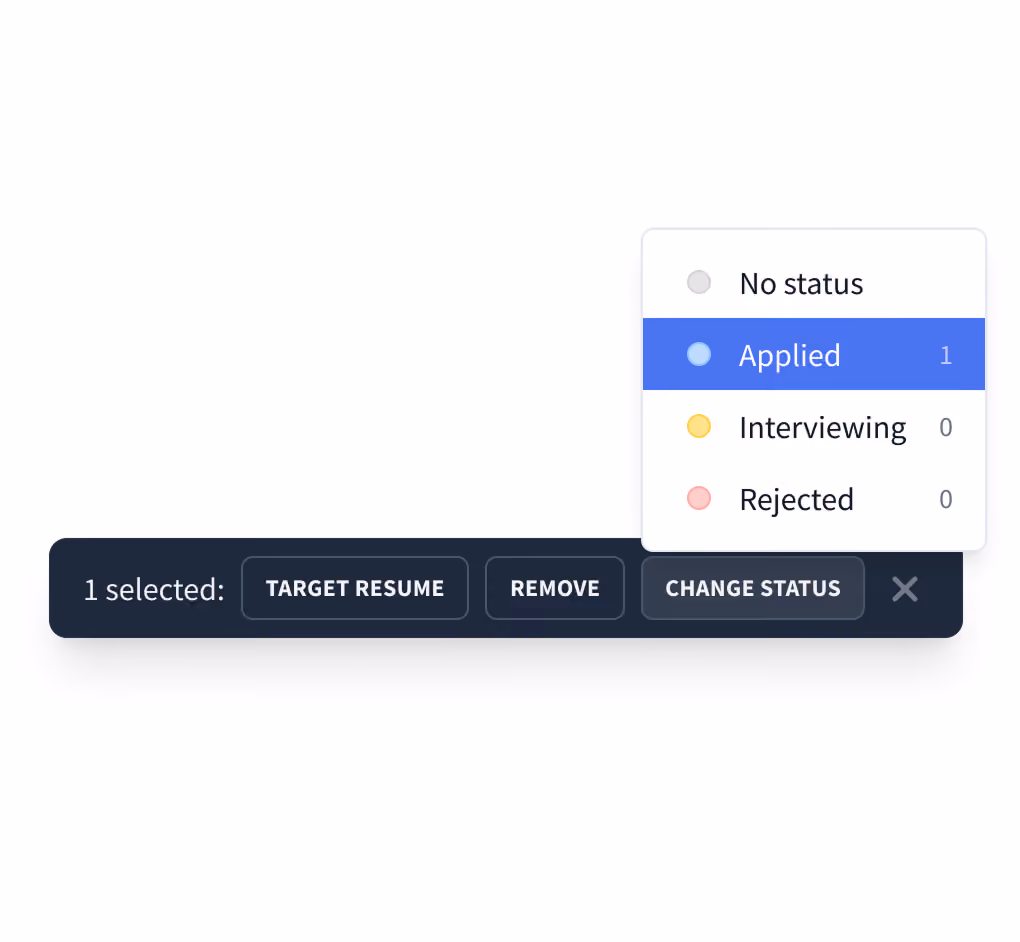 Rezi job tracker status menu setting a selected application to Applied, Interviewing, or Rejected.