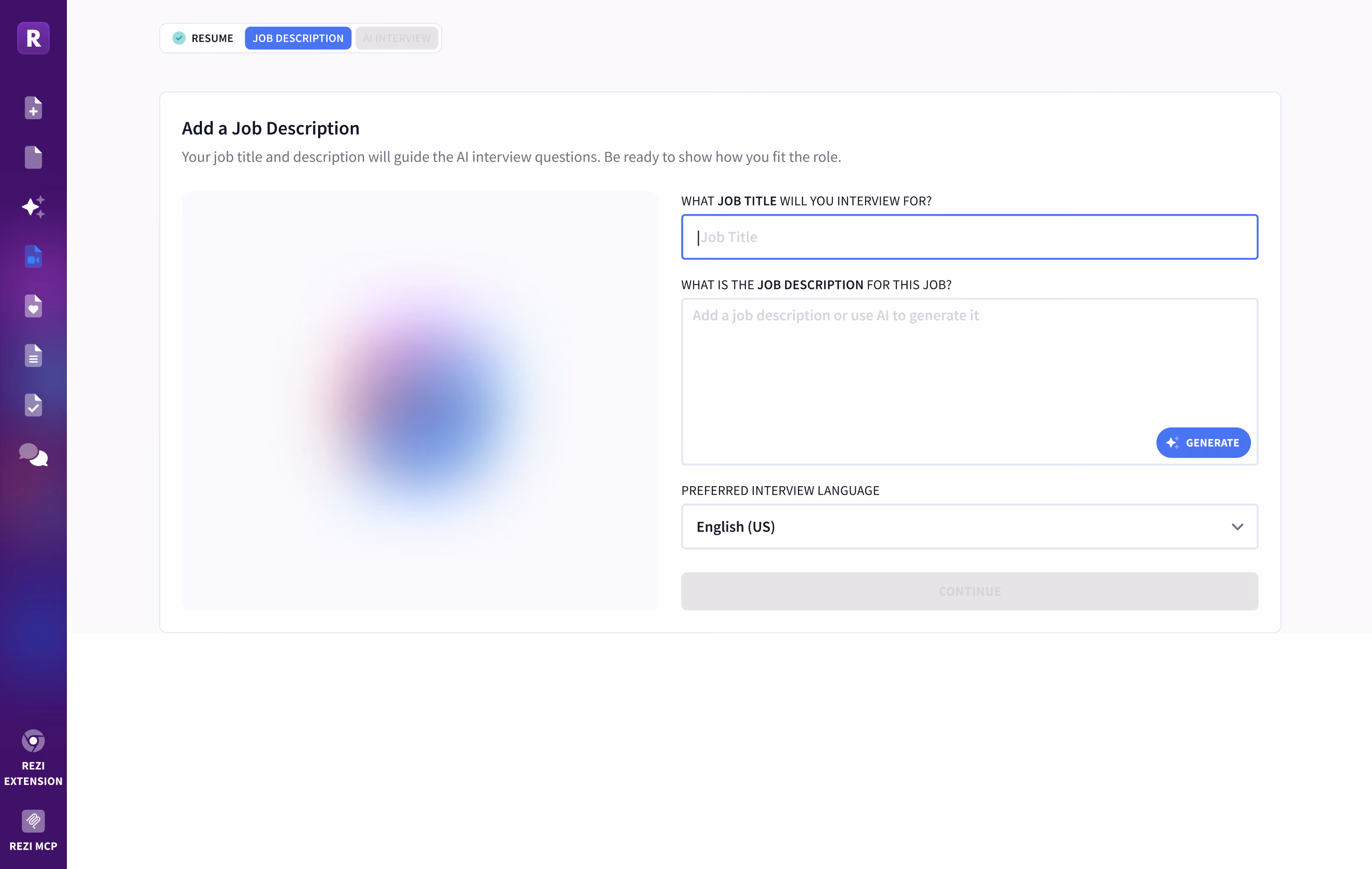 Rezi AI mock interview screen presenting an interview question with the candidate's video and response controls.