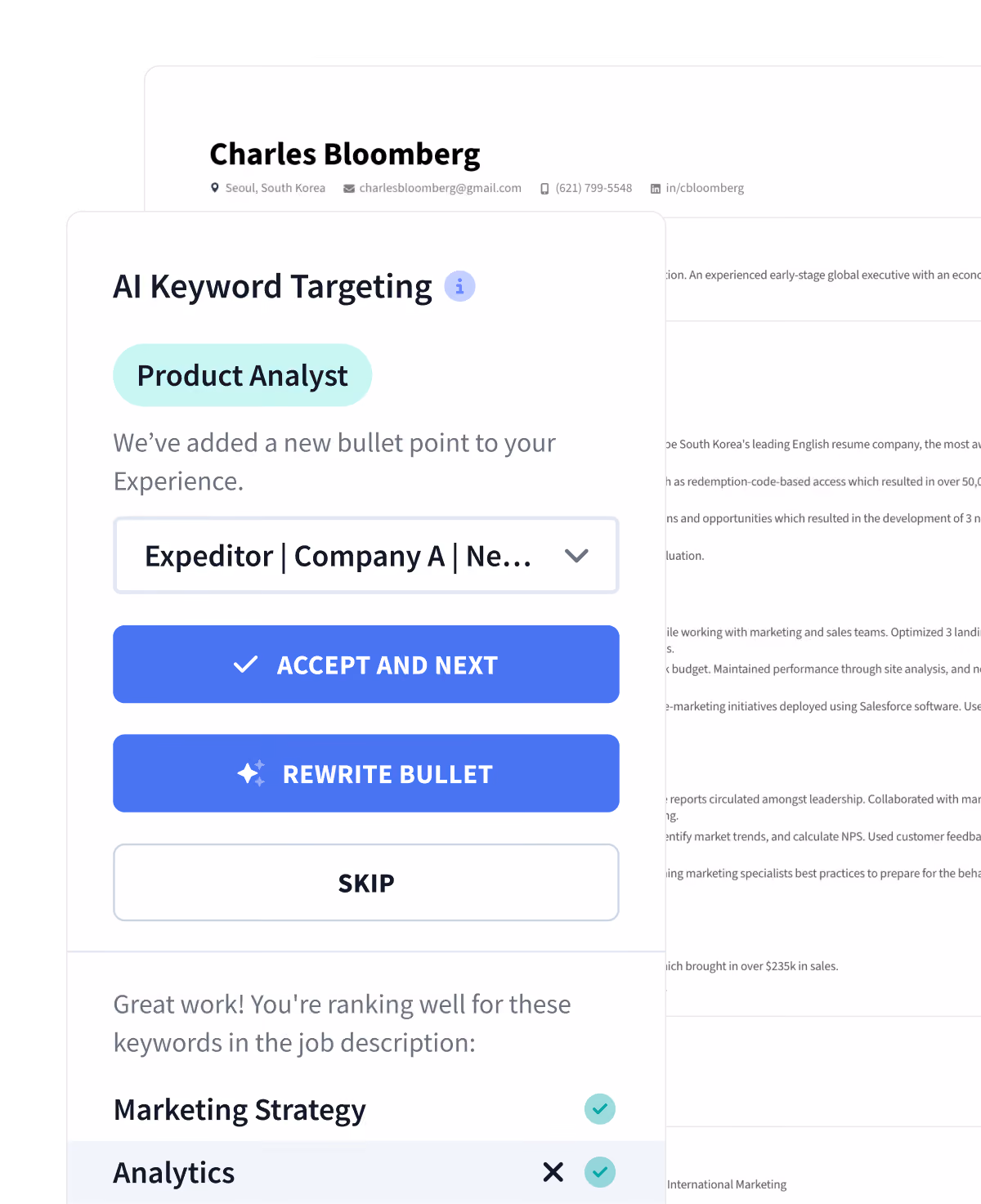 Rezi keyword scanner feature shown in the resume editor.