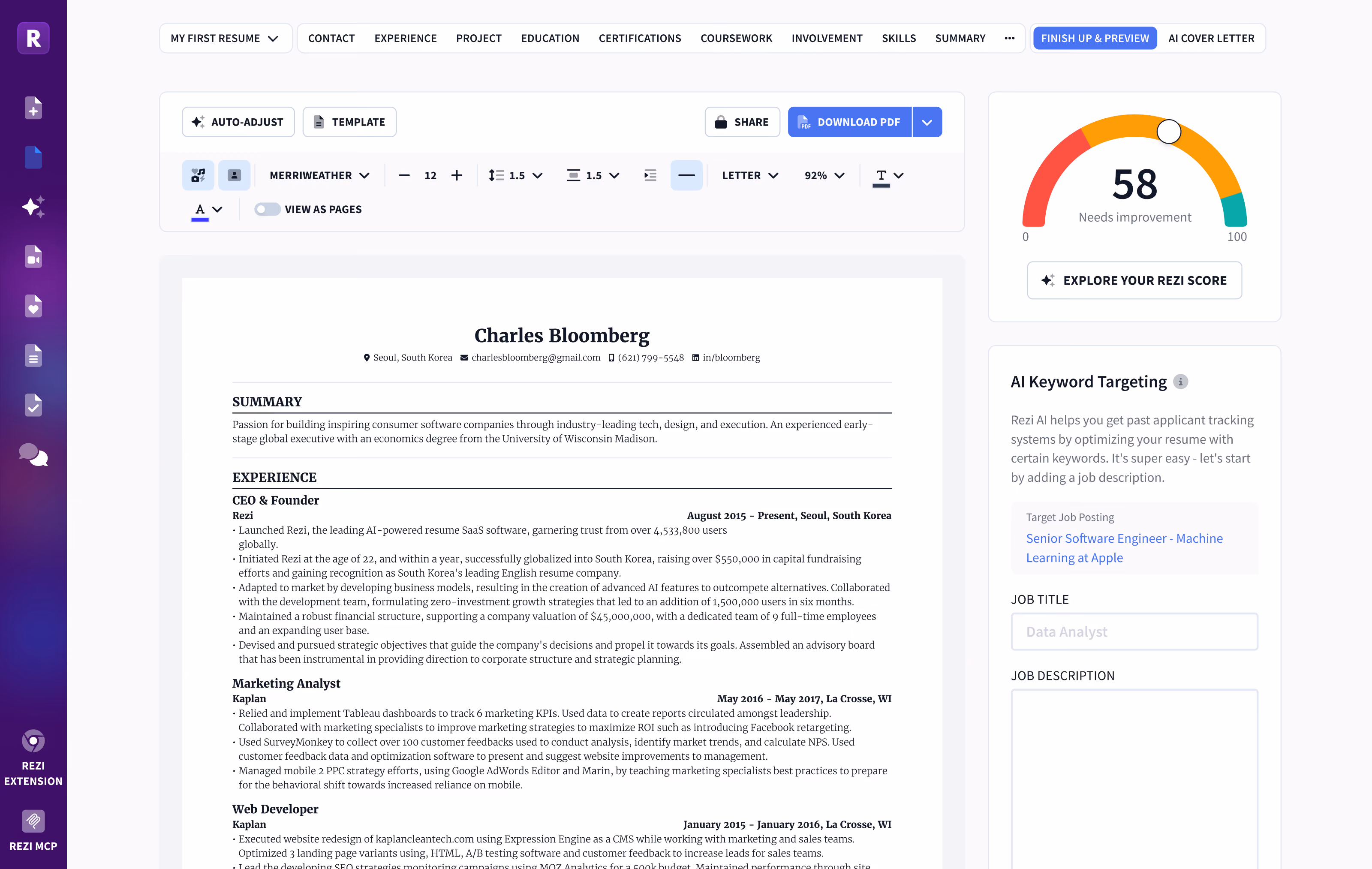 Rezi keyword scanner comparing a resume against a job description and listing matched and missing keywords to add.