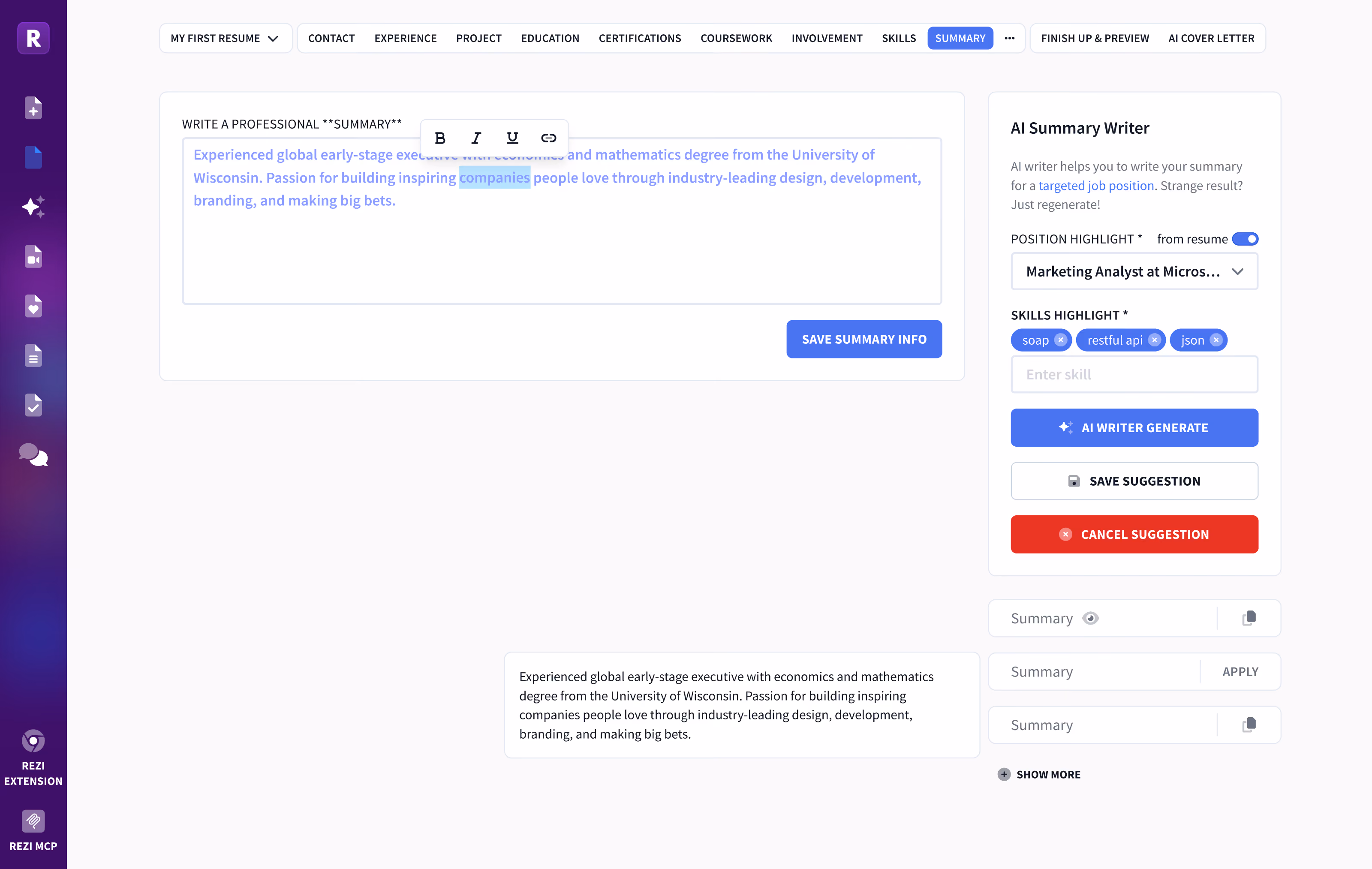Rezi summary writer showing AI-generated professional summary options ready to insert into a resume.