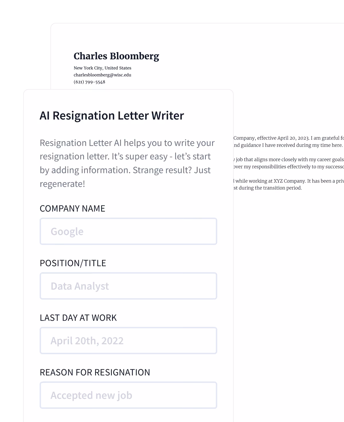 Rezi resignation letter template shown in the editor.