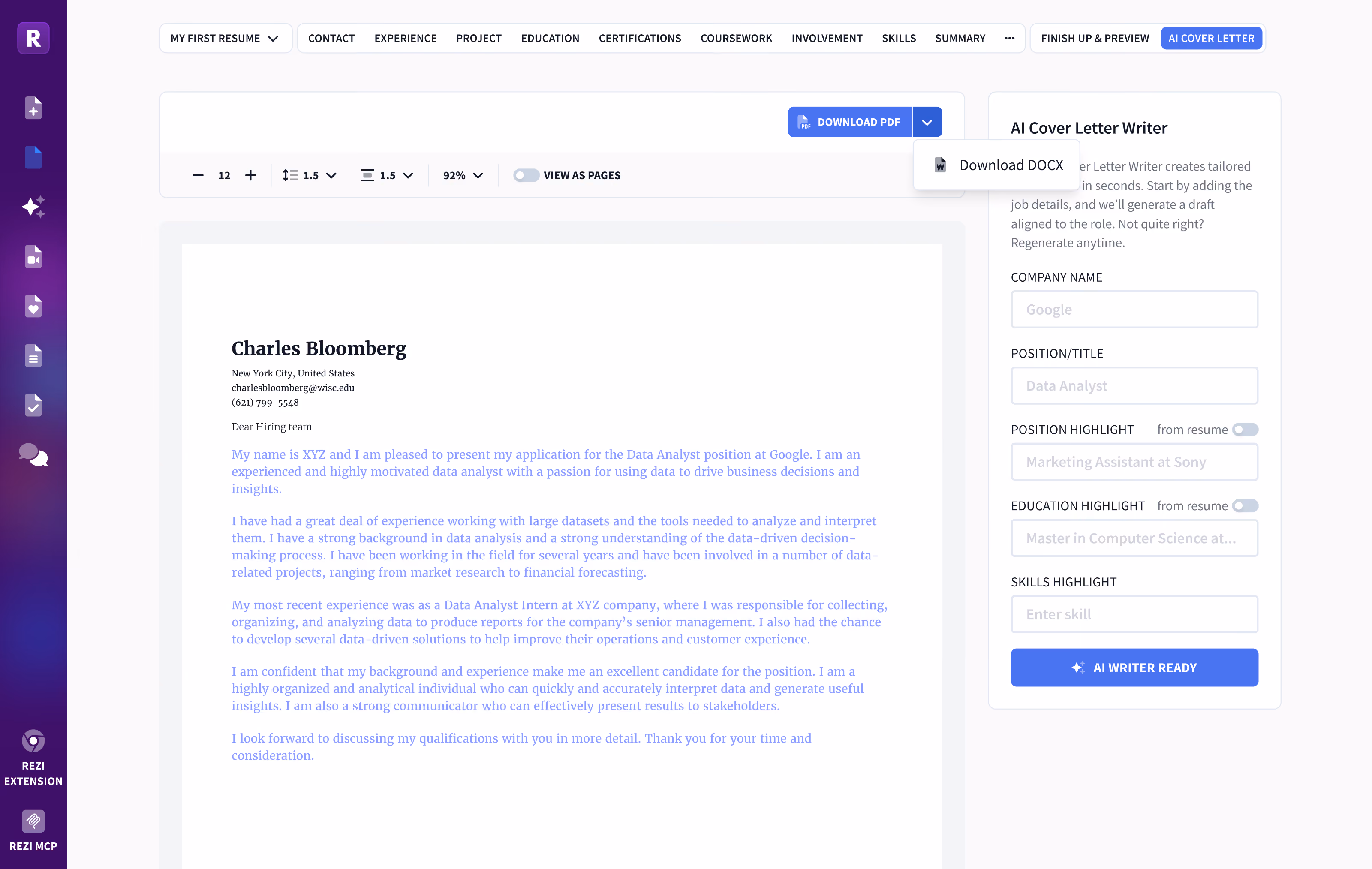 Example cover letter created with Rezi.