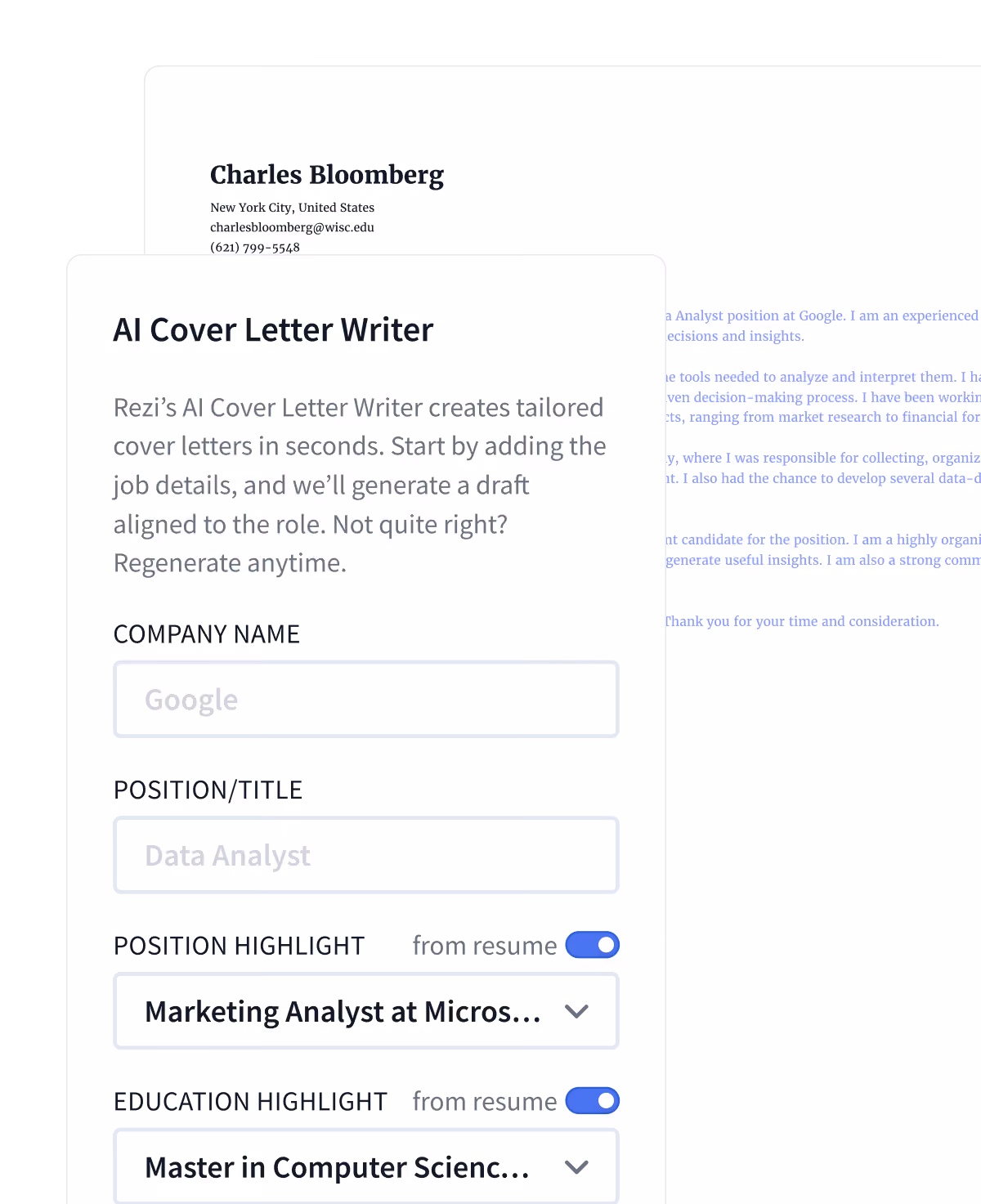 Rezi AI cover letter tool showing a generated cover letter draft in the app.