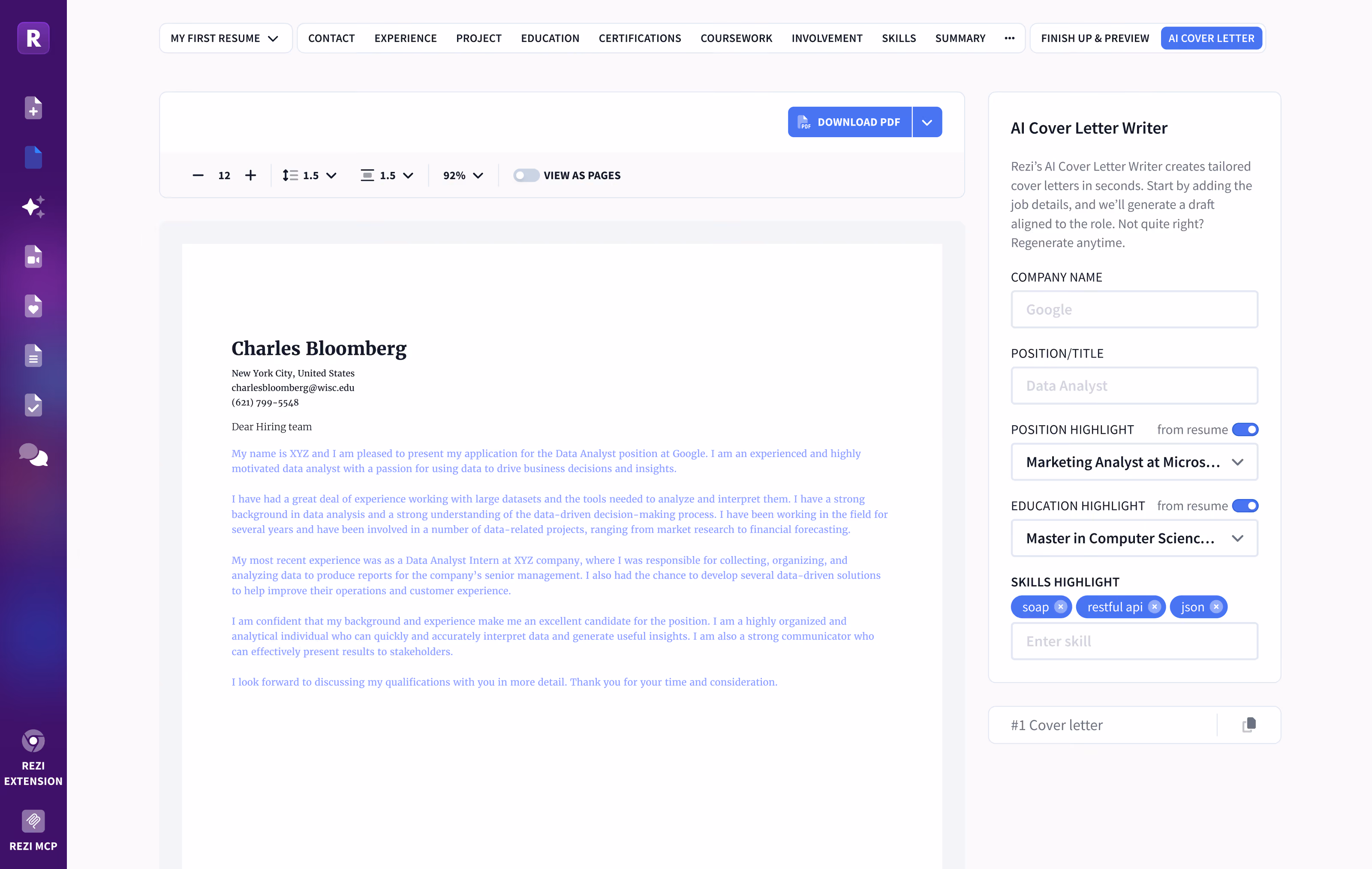 Example cover letter created with Rezi.
