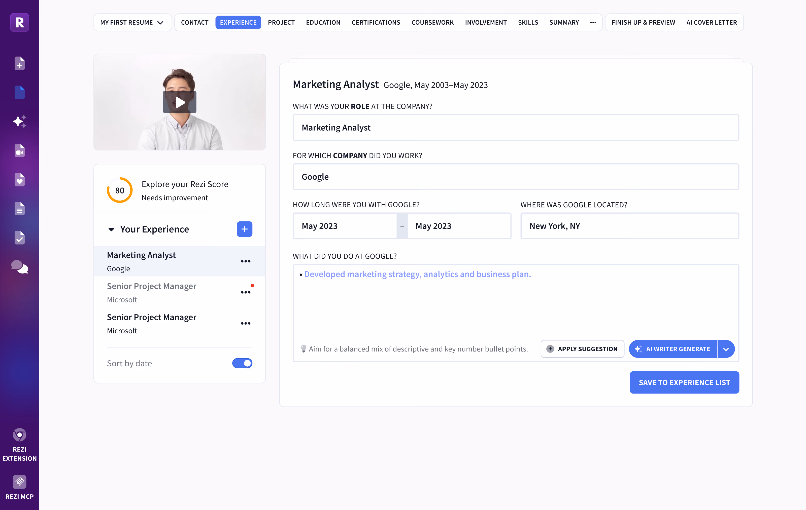 Rezi resume editor showing a Marketing Analyst work experience entry with a draft bullet point and AI Writer controls.