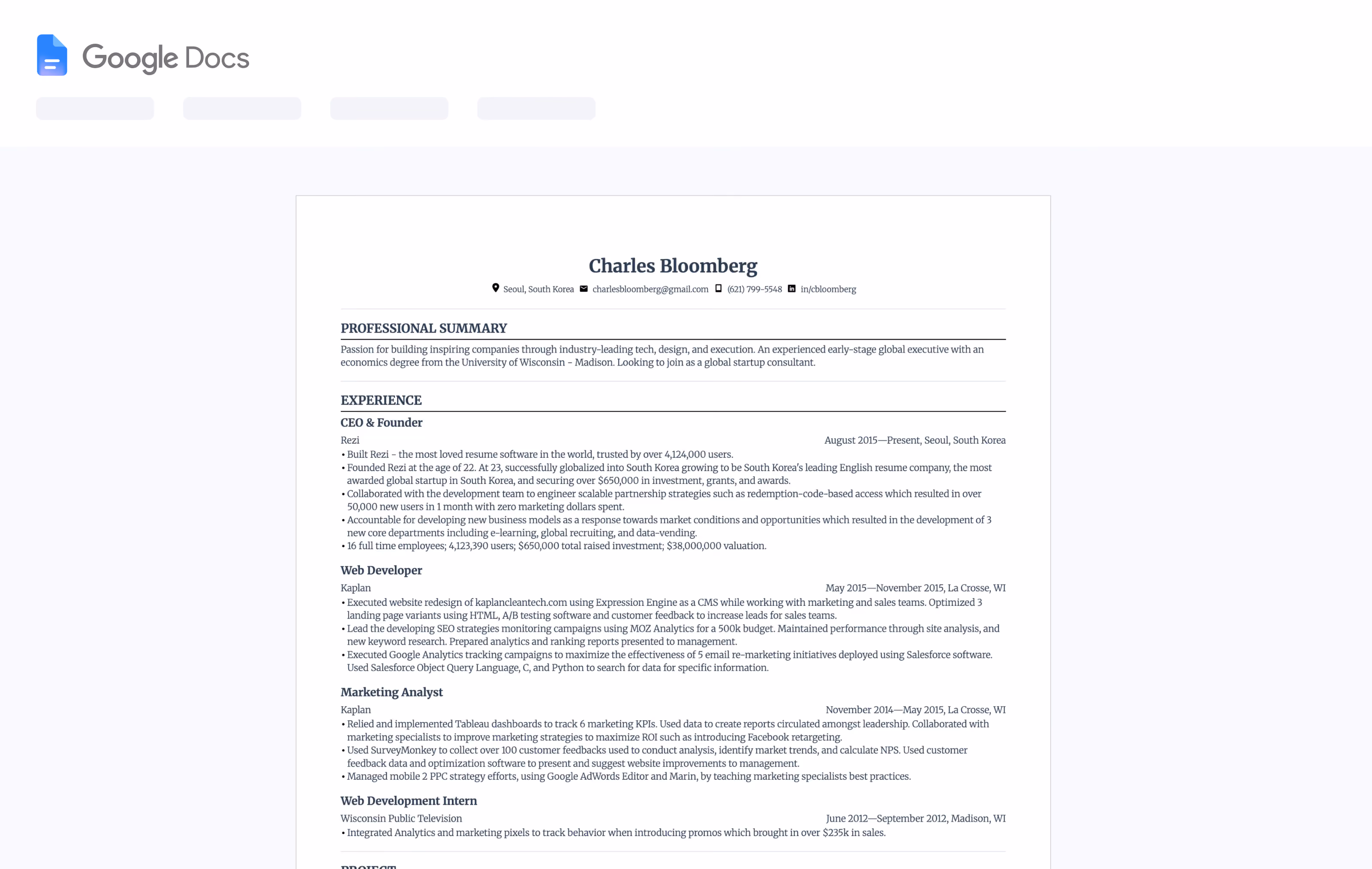 Free Rezi resume template opened in Google Docs, ready to edit.