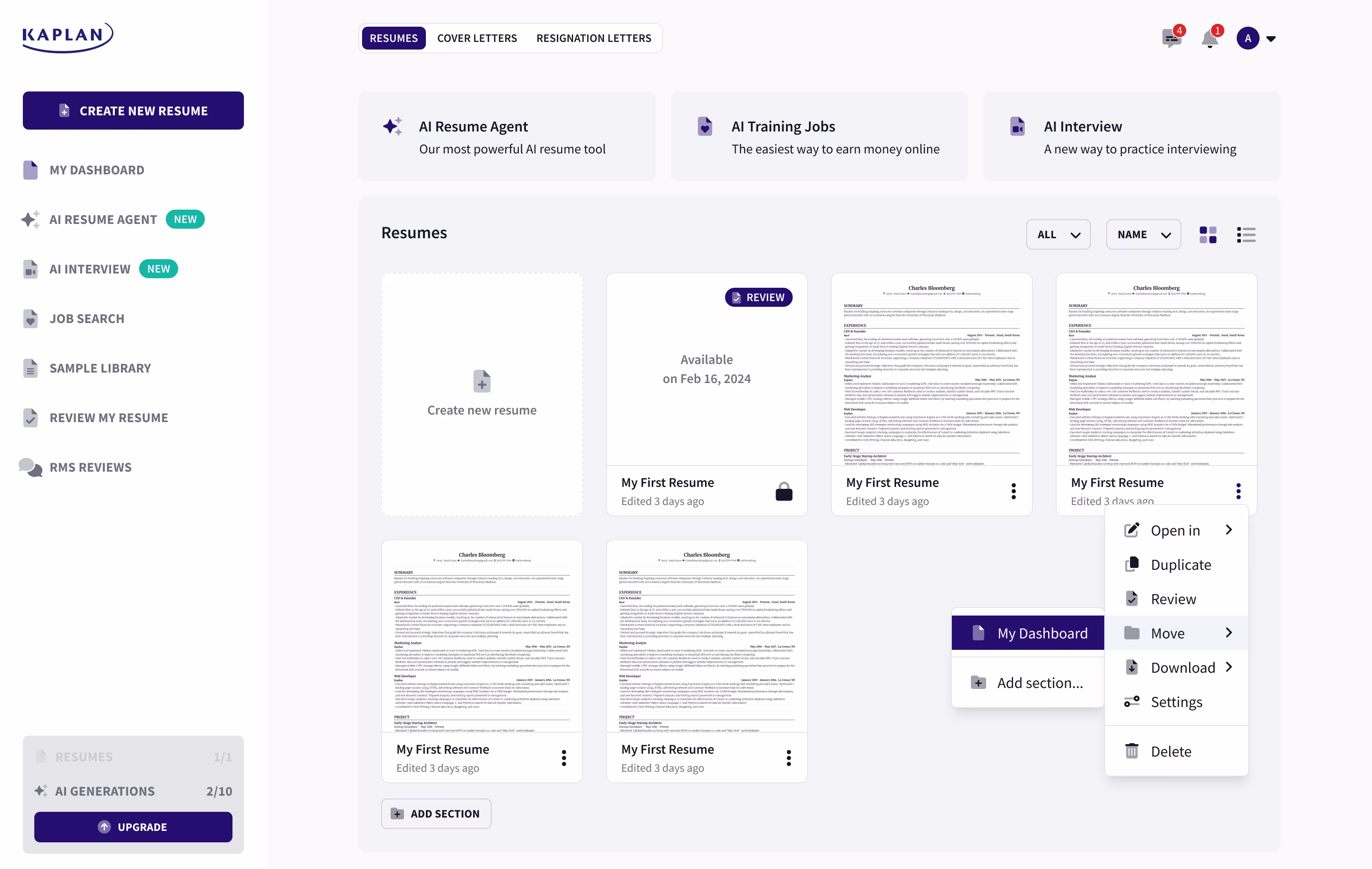 Rezi's resume-builder dashboard white-labeled for Kaplan.