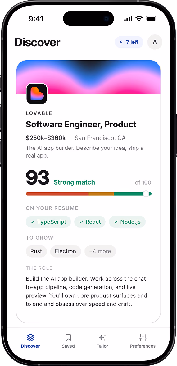 Rezi app Discover screen showing a Software Engineer job at Lovable scored 93 out of 100, a strong match, with matched skills from the resume and skills to grow