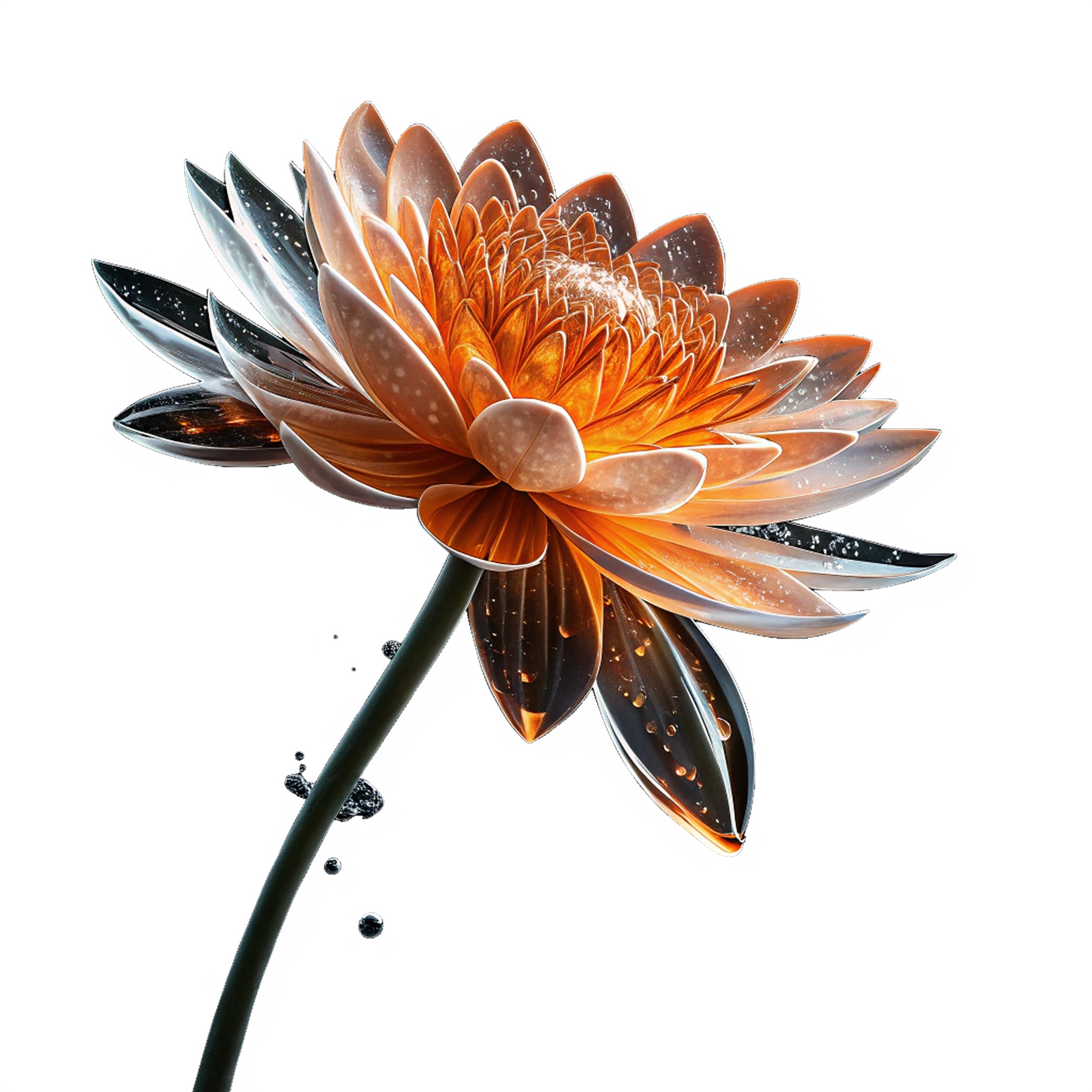 Glowing lotus with glass-like petals on dark background representing AI technology