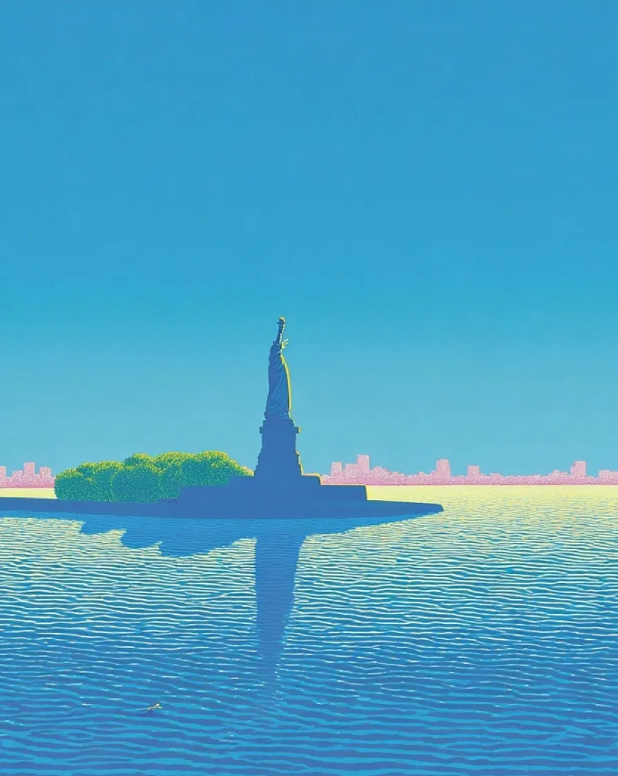 Illustration of the Statue of Liberty on an island casting a large shadow over calm blue water under a clear sky with a city skyline in the distance.
