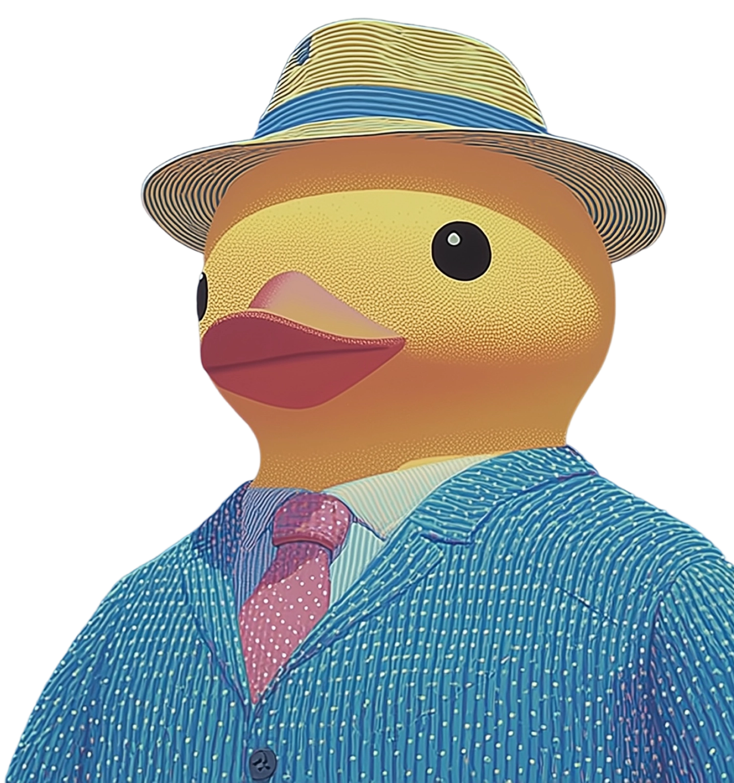 Illustration of a rubber duck wearing a blue suit, red tie, and a yellow hat with a blue band.