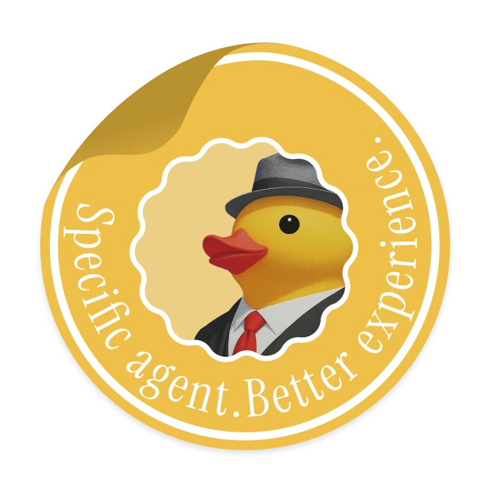 Sticker with a duck wearing a black hat, white shirt, and red tie inside a scalloped circle, surrounded by the text 'Specific agent. Better experience.'