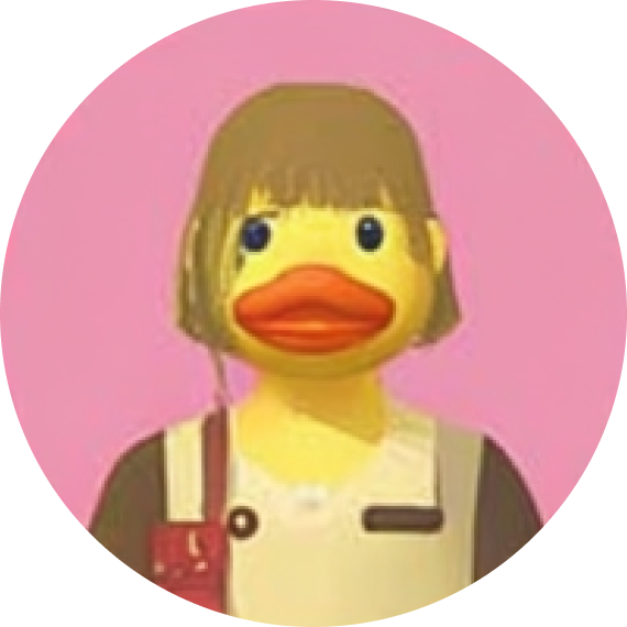 Cartoon of a yellow duck with brown hair wearing a beige outfit and carrying a red bag on a pink background.