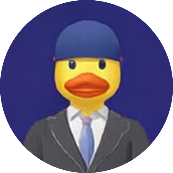 Cartoon duck wearing a blue hat and a business suit with a tie against a dark blue background.