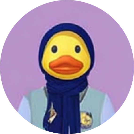 Cartoon duck wearing a navy hijab and a light blue vest against a purple background.