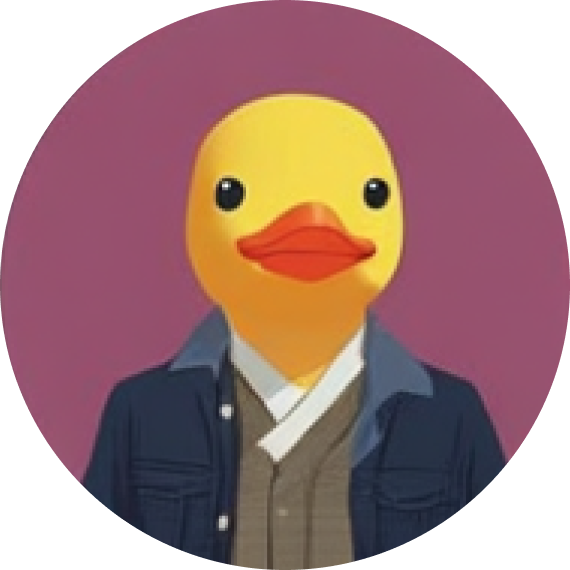 Digital illustration of a yellow duck with large eyes wearing a brown jacket and white shirt against a purple background.
