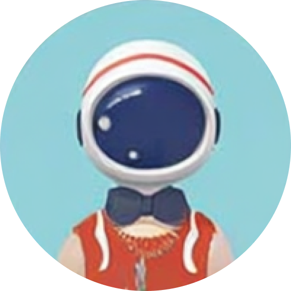 Cartoon astronaut with a dark reflective helmet wearing a red vest, a dark bow tie, and a necklace against a light blue background.